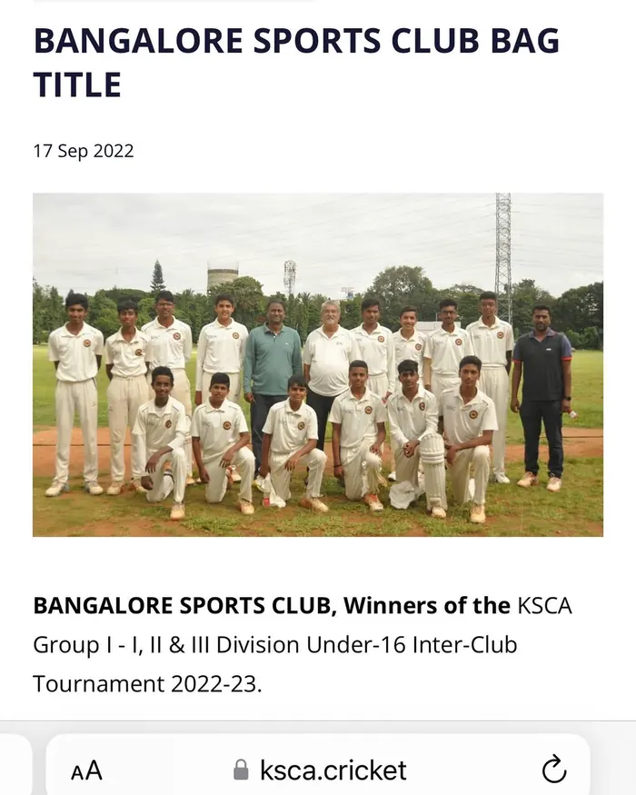 KSCA news item announcing the Under-16 inter-club tournament winners