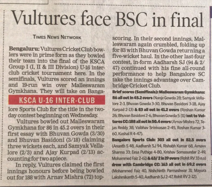 Newspaper cutting reporting on the final