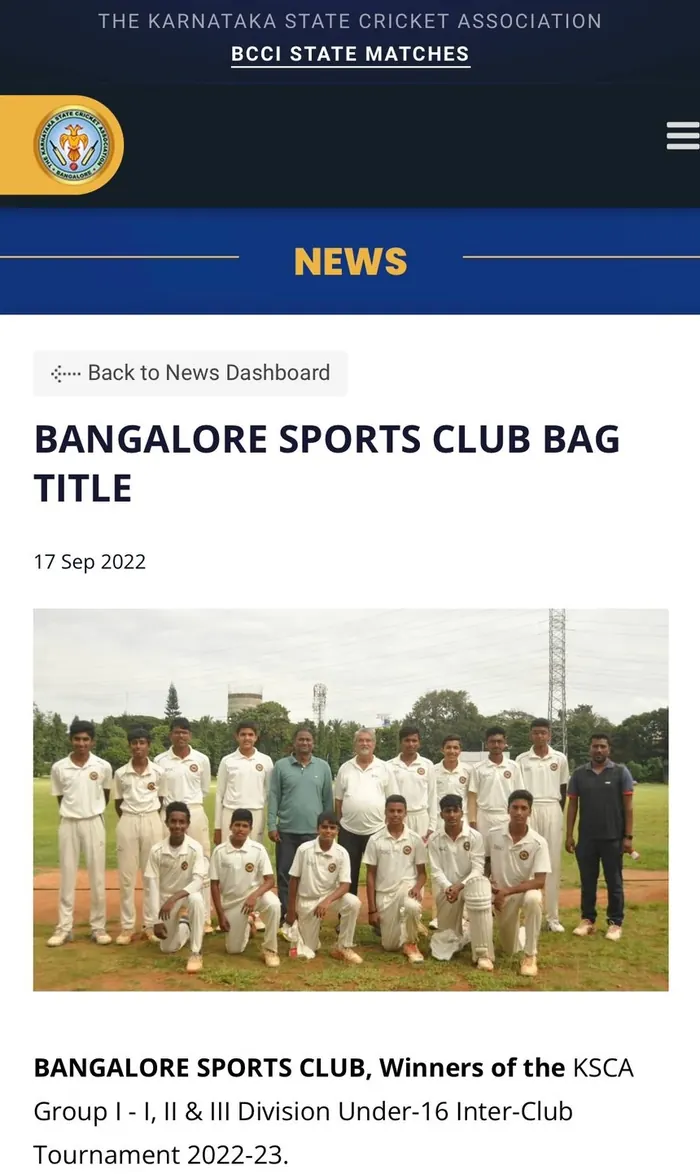KSCA news page announcing the tournament winners